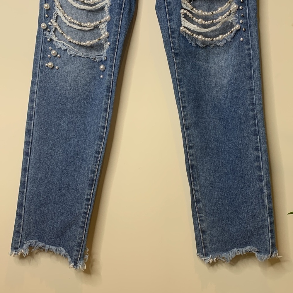 Forever 21 | Blue Denim Pearl Detail Distressed Western Bridal Wedding Jeans S - Picture 7 of 17